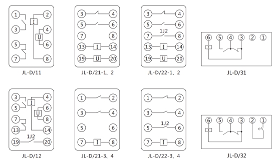 JL-D/32繼電器內(nèi)部接線(xiàn)及外引接線(xiàn)圖（正視圖）